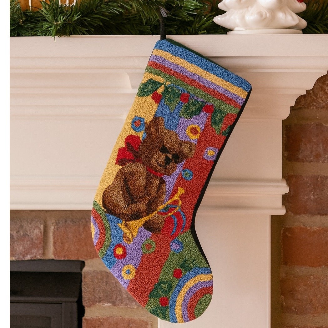 Wool Punch Needle Christmas Stocking Teddy Bear-Horn-Baby Vintage gallery