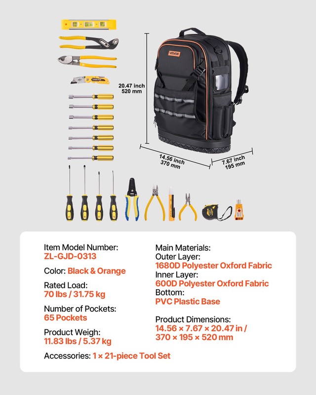 VEVOR Tool Backpack with Tools 65 Pockets Tear-resistant Jobsite Backpack gallery