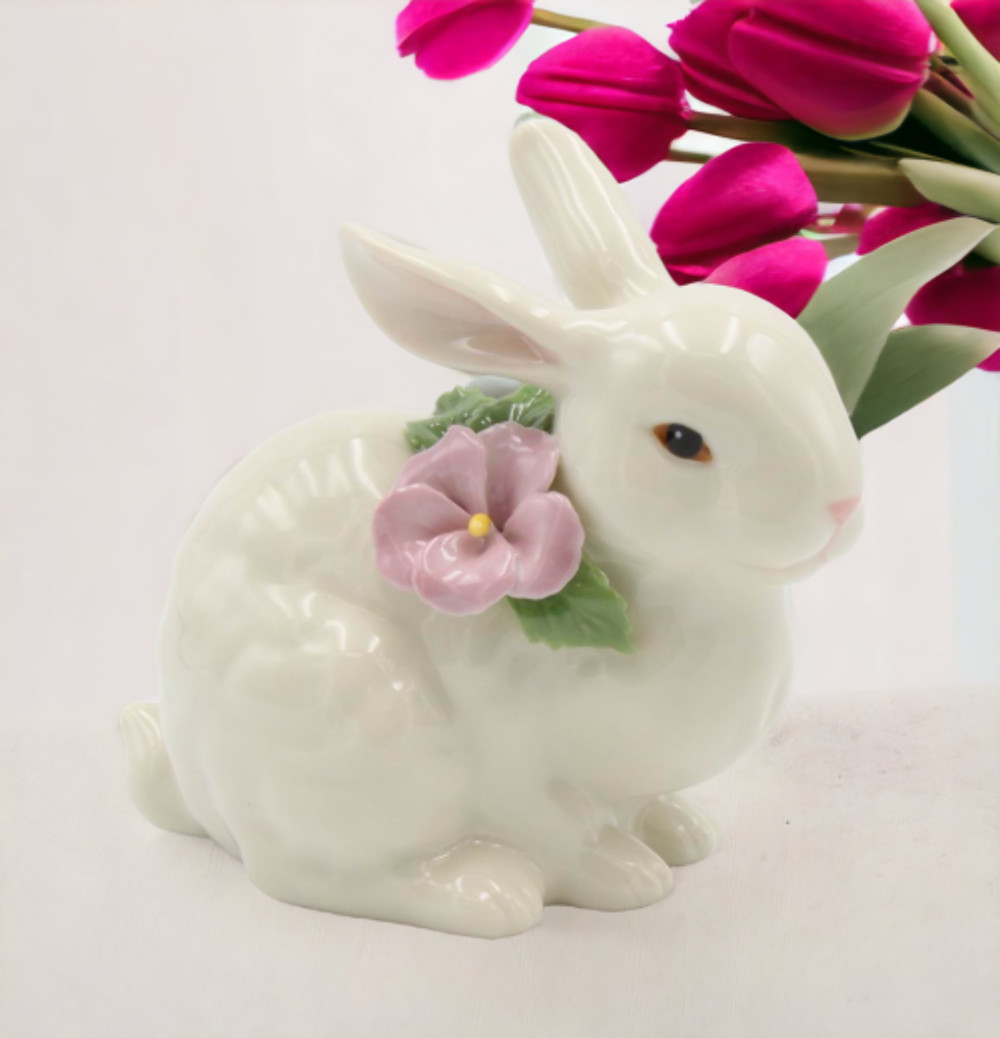 Ceramic Bunny Rabbit with Pink Pansy Flower Figurine, Home Décor, Gift for Her, gallery