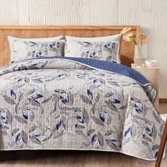 King Microfiber Quilt Set, Reversible Botanical Blue Leaves, 3-Piece Bedspread