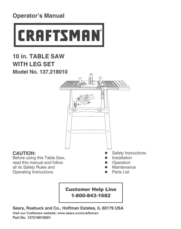 Craftsman 137.218010 Table Saw Owners Instruction Manual gallery
