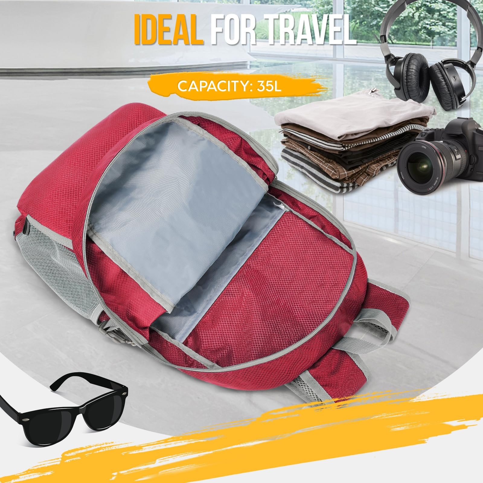 Lightweight Packable Backpack 35L Foldable Water Resistant Hiking Bag Red 4