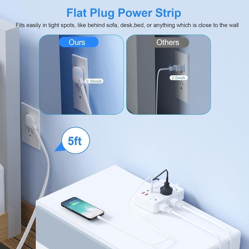 Flat Plug Power Strip Surge Protector, 5Ft Ultra Thin Extension Cord with 4 USB gallery