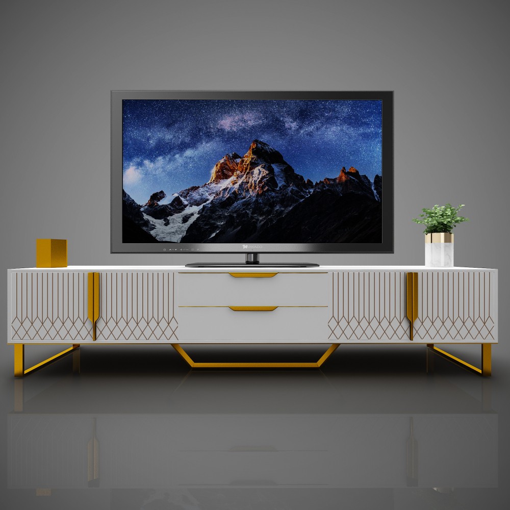 TV Stand with Storage Cabinet Featuring Carved Design With Metal Legs