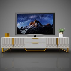 TV Stand with Storage Cabinet Featuring Carved Design With Metal Legs