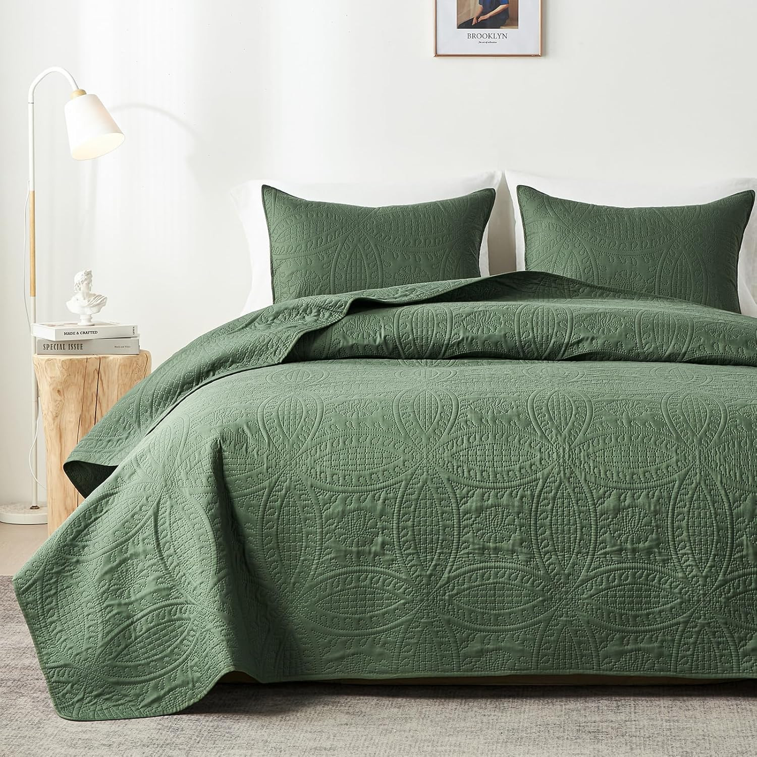 Queen Quilt Bedding Set,Olive Green Ultrasonic Full/Queen Quilt Set,Lightweight gallery