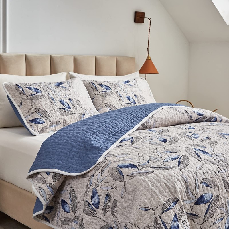King Microfiber Quilt Set, Reversible Botanical Blue Leaves, 3-Piece Bedspread gallery