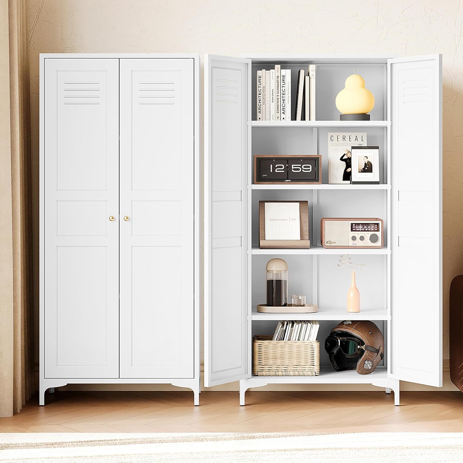 61"H Metal Storage Cabinet with Adjustable Shelves&Doors for Home Kitchen White gallery