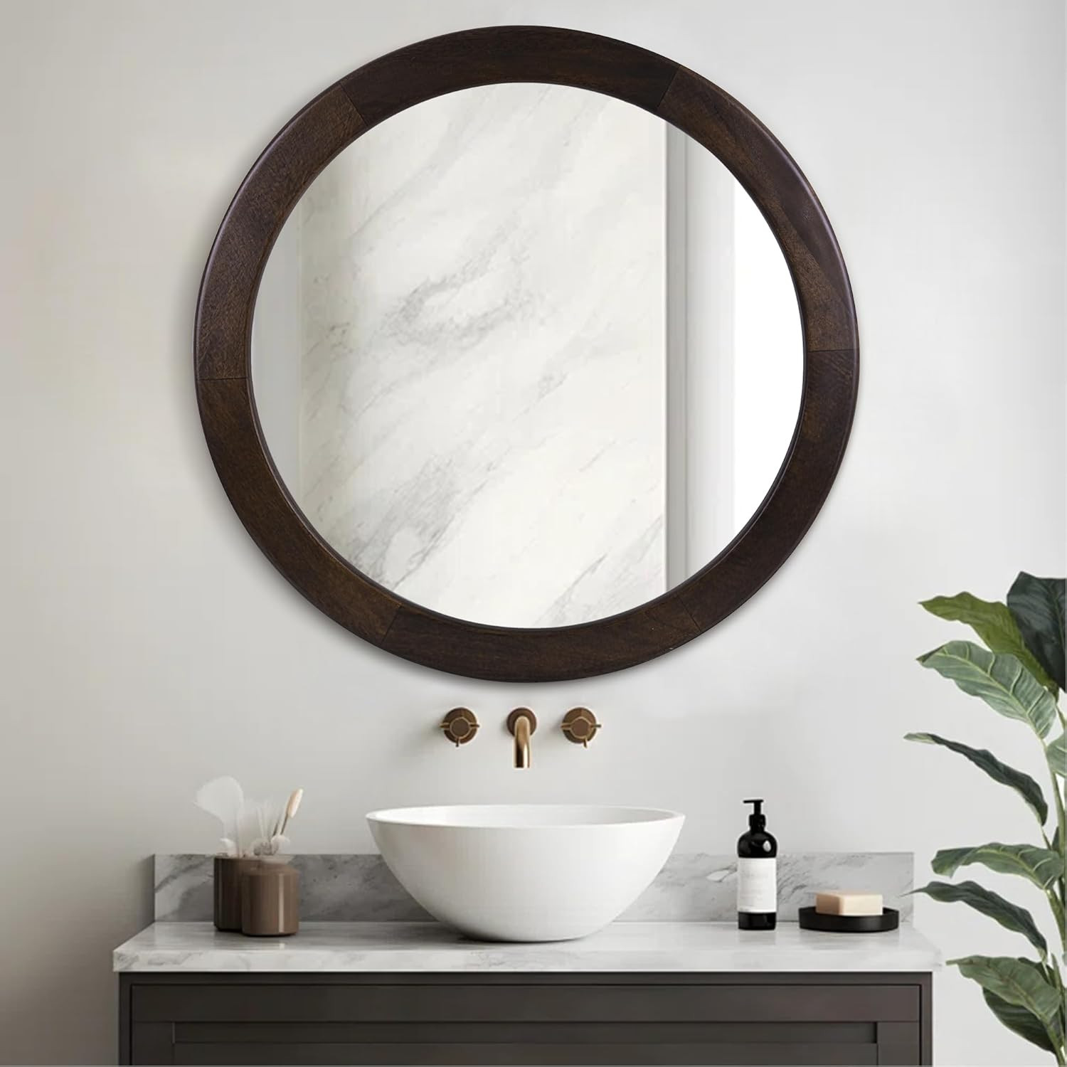 30-Inch Rustic Round Wood Mirror - Dark Walnut for Bathroom & Living Room gallery