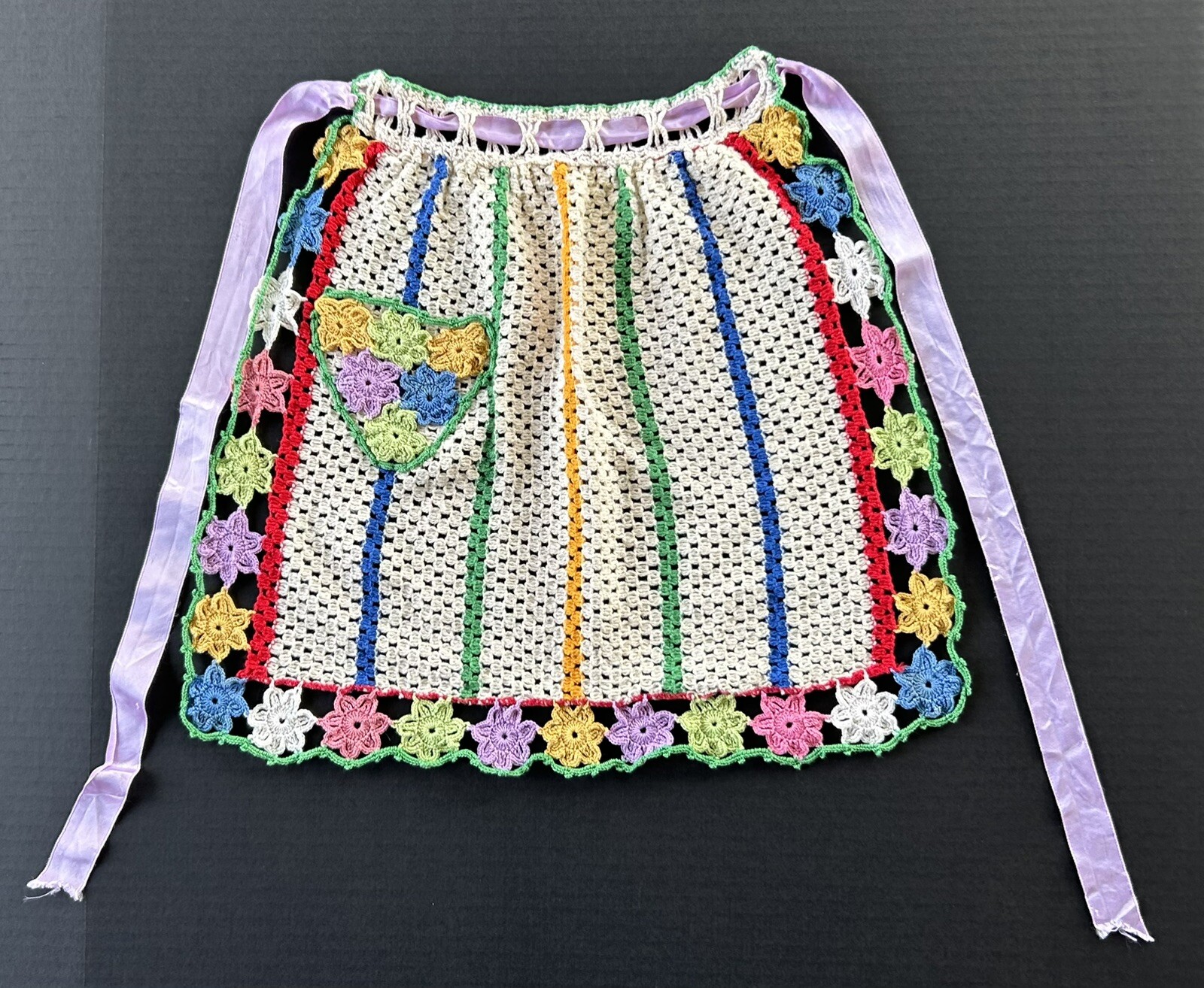 Vintage Apron Handmade Tatted Crocheted Colorful 1950's Mid Century gallery
