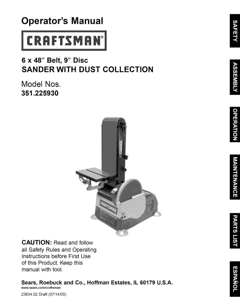 Craftsman 351.225930 Sander Owners Instruction Manual gallery
