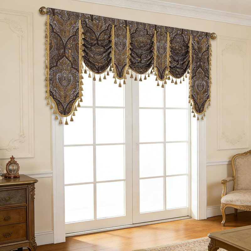 Luxury Bronze Gold Damask Waterfall Valance Curtain with Tassels, 79 Inch gallery