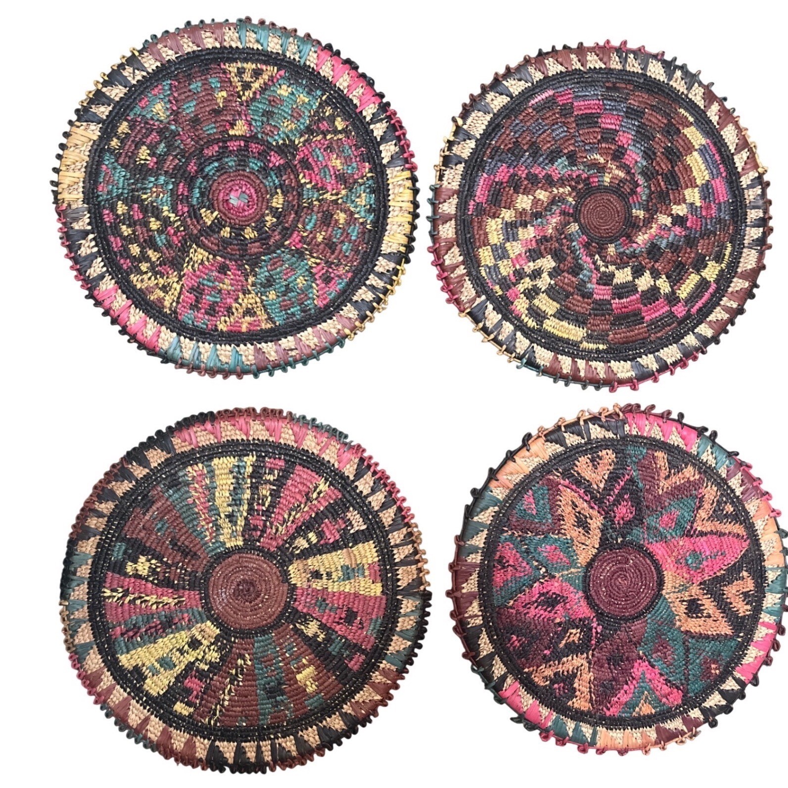 Vtg African Coiled Flat Baskets Set 4 Mismatched Geometric Boho Trays Placemats gallery