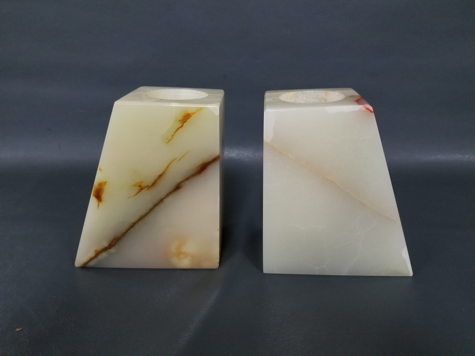 VTG 5" Tall Solid Onyx Red / Gold / Tan Veined Candleholder Bookends - Slanted gallery