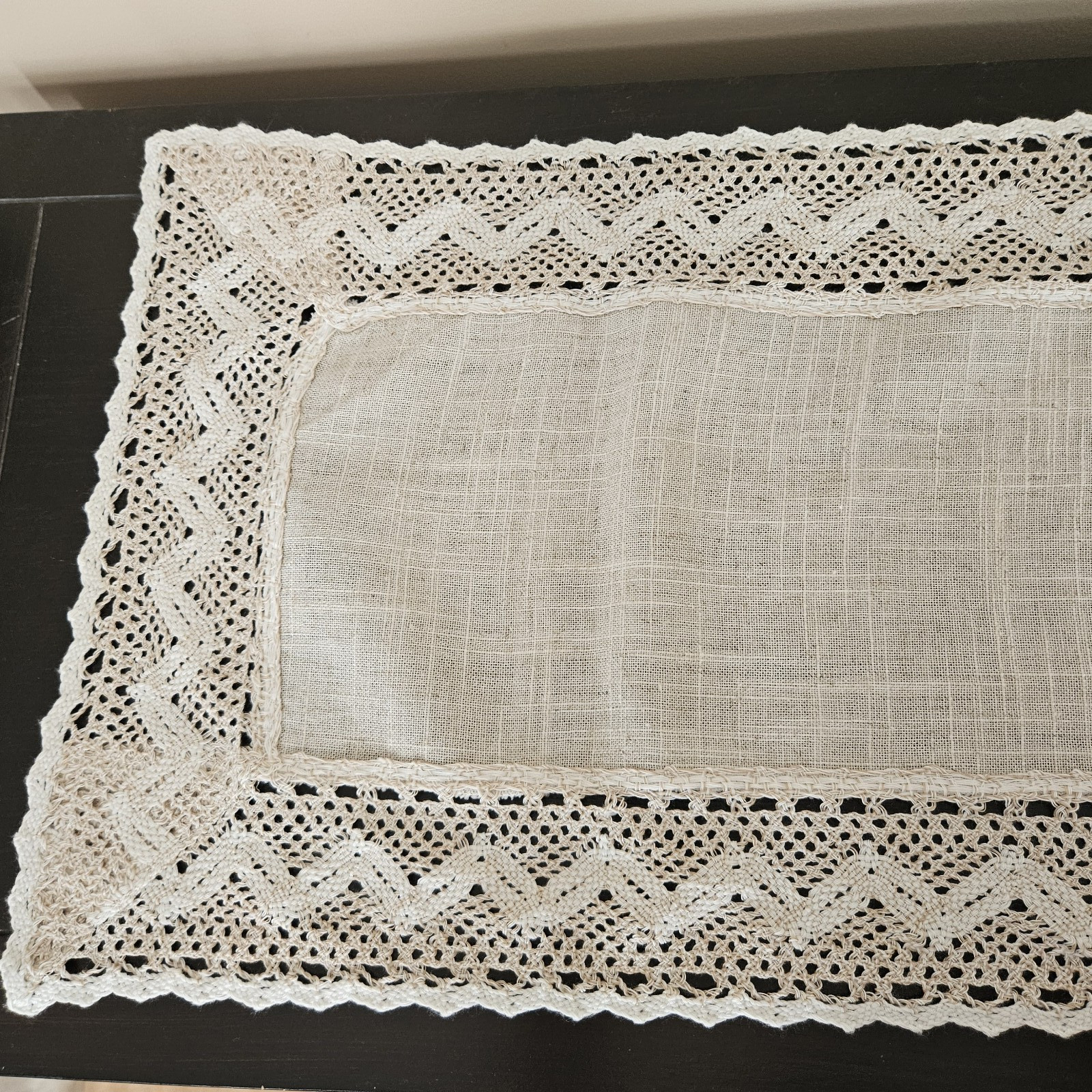 Small Table Topper Scarf Runner Beige with Ivory Crochet Accent 35" x 13" gallery