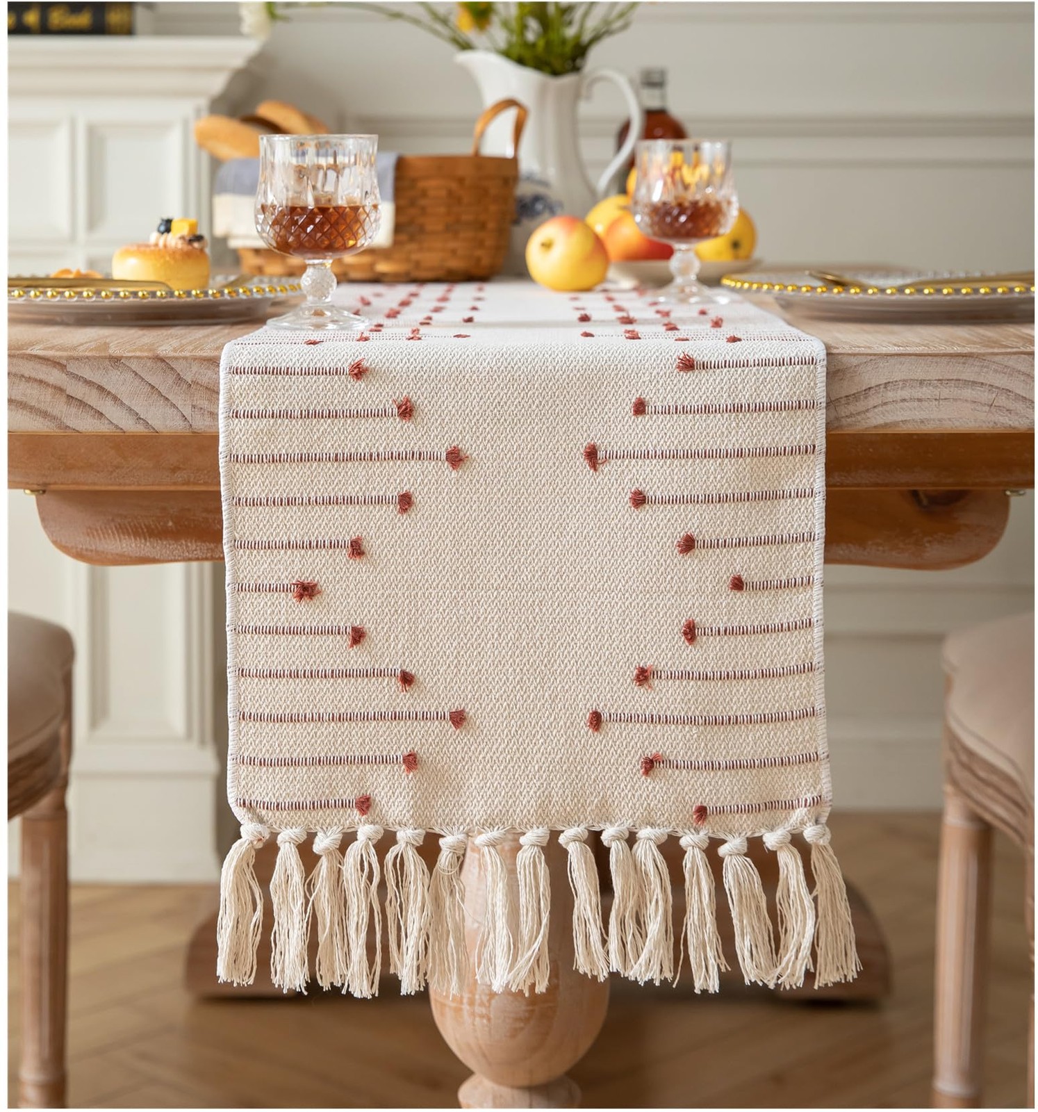 Boho Table Runner 13 x 48 Inch Long Natural Cotton Woven Runner with Tassels ... gallery