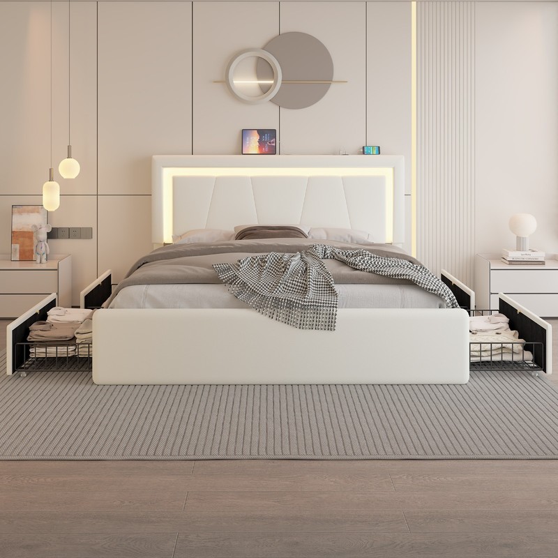 Full/Queen Bed Frame with Upholstered LED Headboard＆4 Storage Drawer, Charging gallery