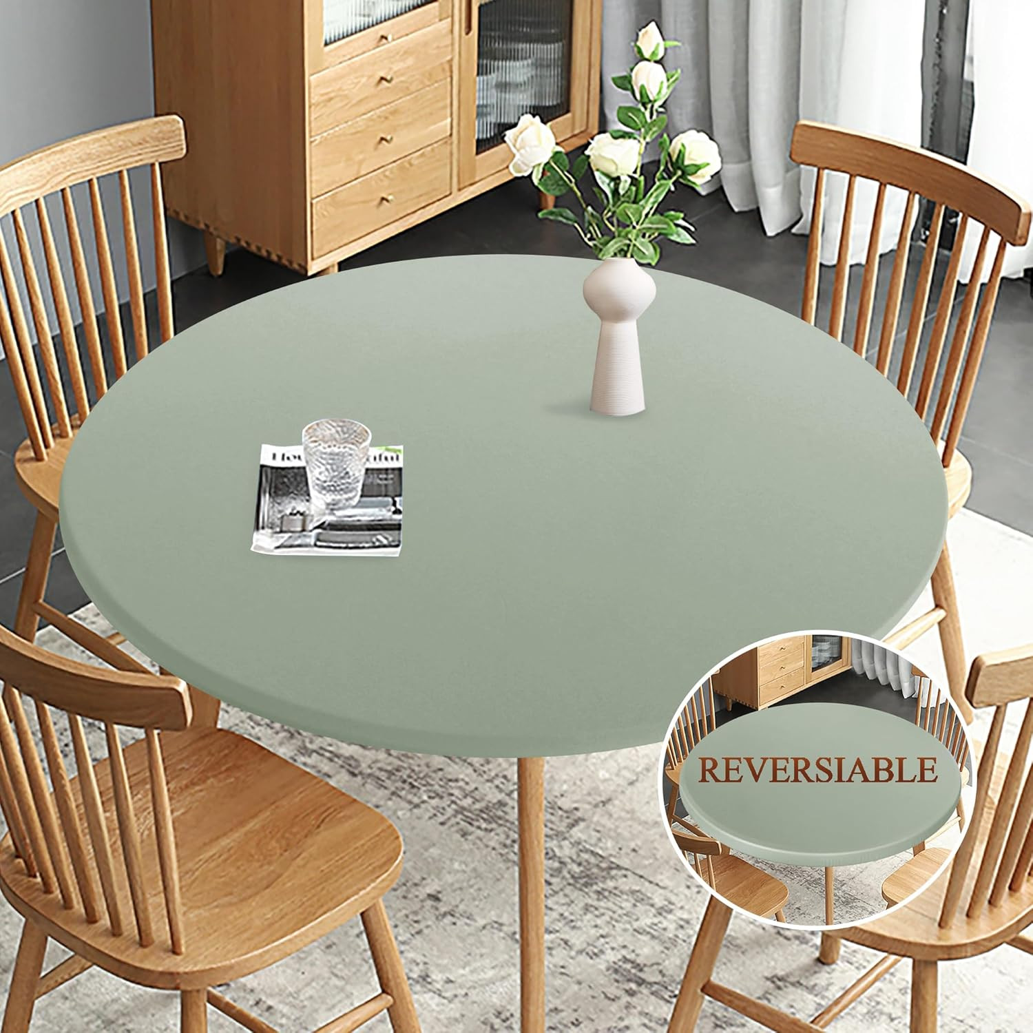 Fitted round Table Cloth, Reversible Waterproof Stain Resistant Elastic Stretch gallery