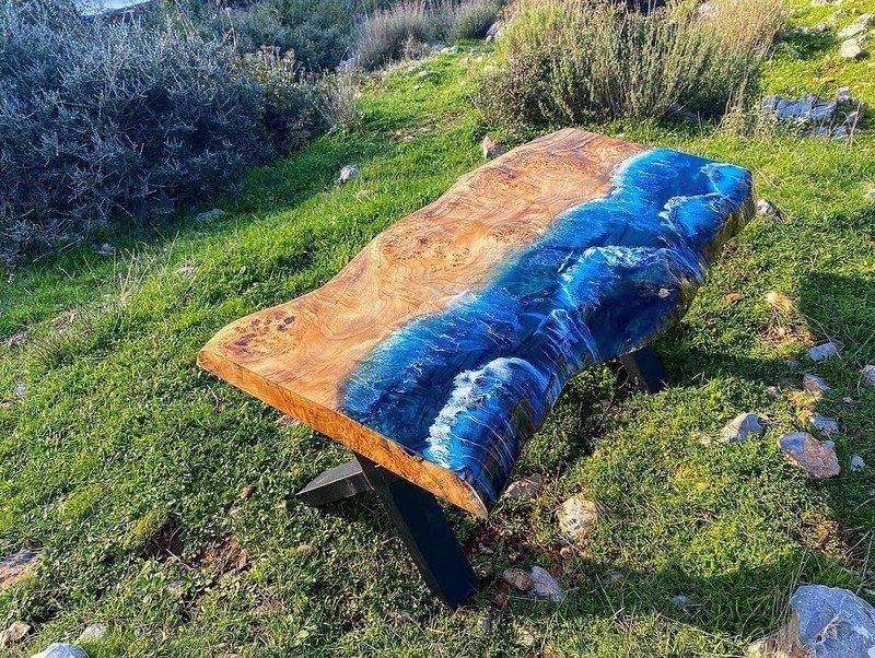 Custom Olive Wood Blue Epoxy Ocean & Ice Design Table – Dining, Coffee, or River gallery