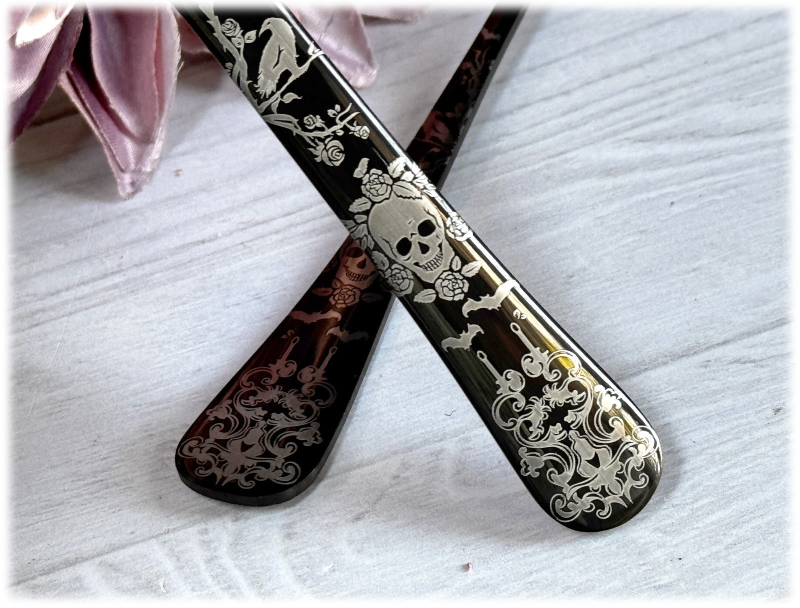 NEW Halloween Skull Gothic Design Matte Silver Black Stainless Flatware CHOOSE gallery