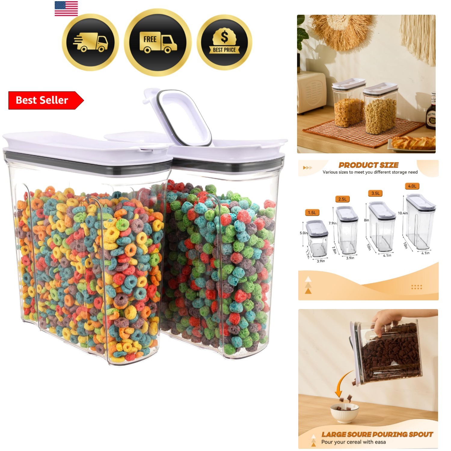 Cereal Containers Storage Set, Airtight Food Storage Container with Lid 4L/13... gallery