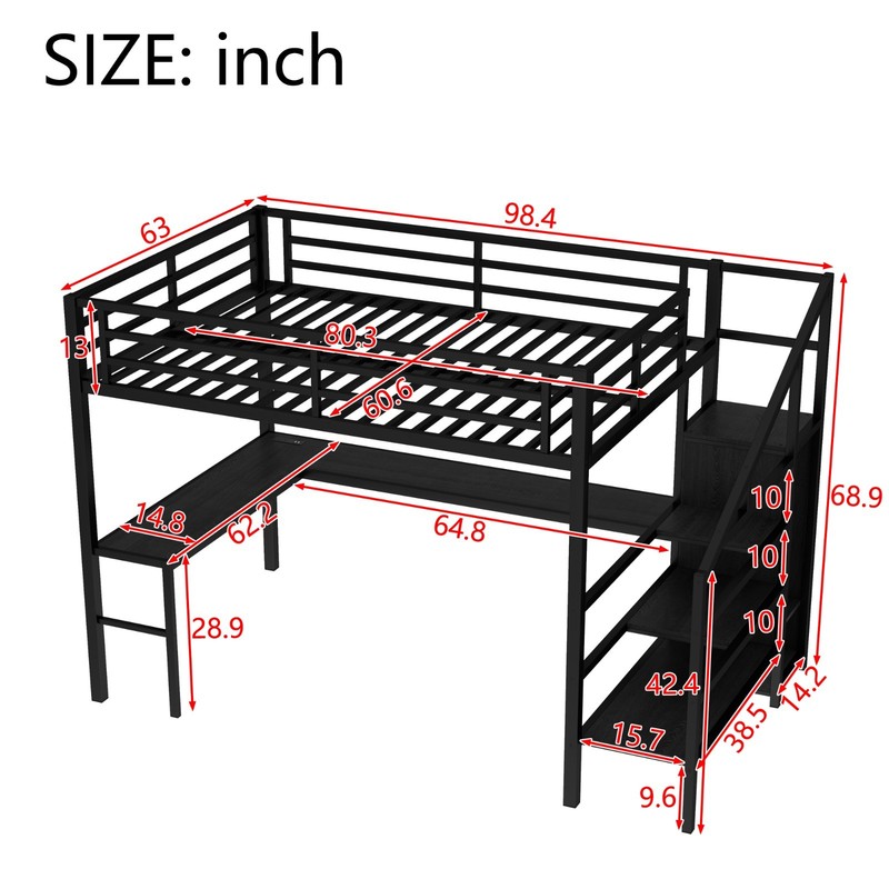 Queen Size Loft Bed with L-shaped Desk and USB, Metal Loft Bed with Wardrobe gallery