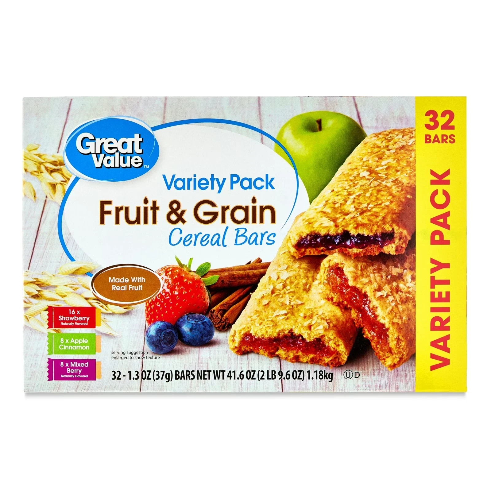 Great Value Fruit & Grain Cereal Bars, Variety Pack, 1.3 oz, 32 Count gallery