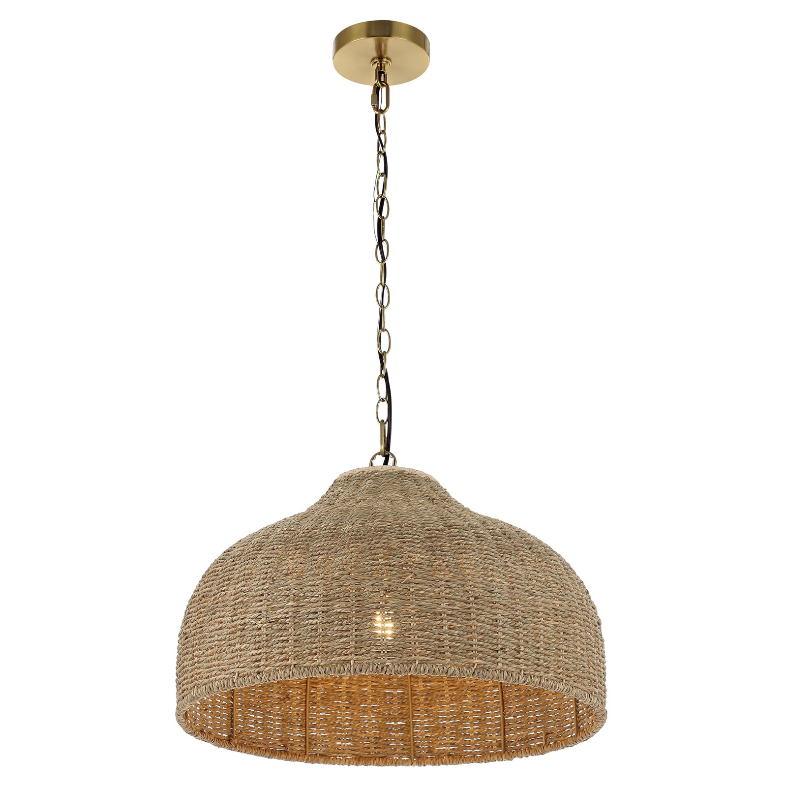 JONATHAN Y 20" Brown/Brass Gold 1Light Rattan and Iron Dome Pendant Light gallery