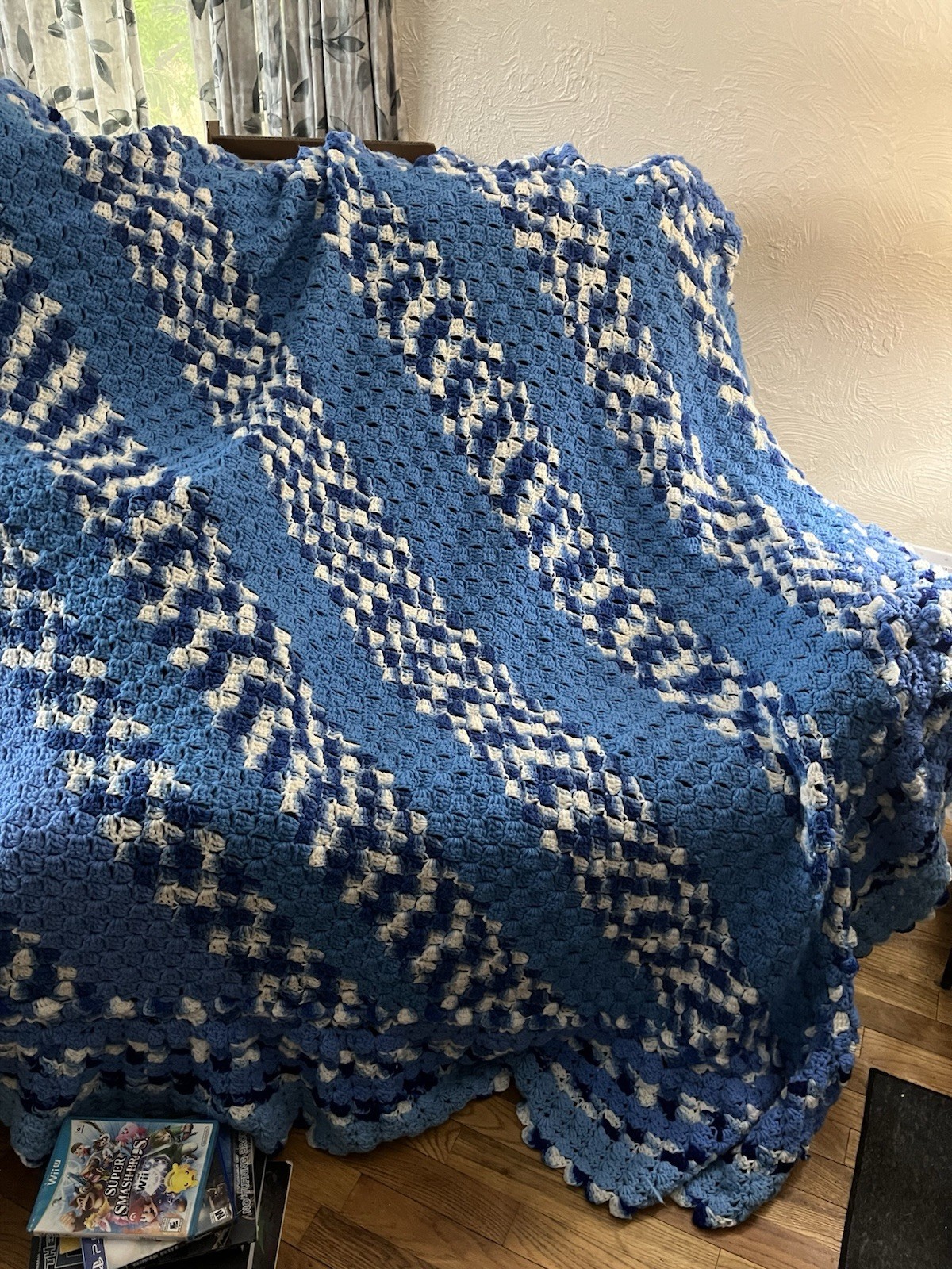 Hand Crochet Afghan It Is A Large Round Afghan and Blues And White Colors. gallery