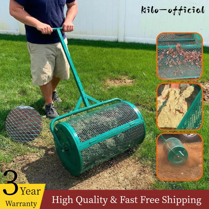 24" Compost Spreader Peat Moss Spreader Roller Steel Mesh Basket for Garden&Lawn