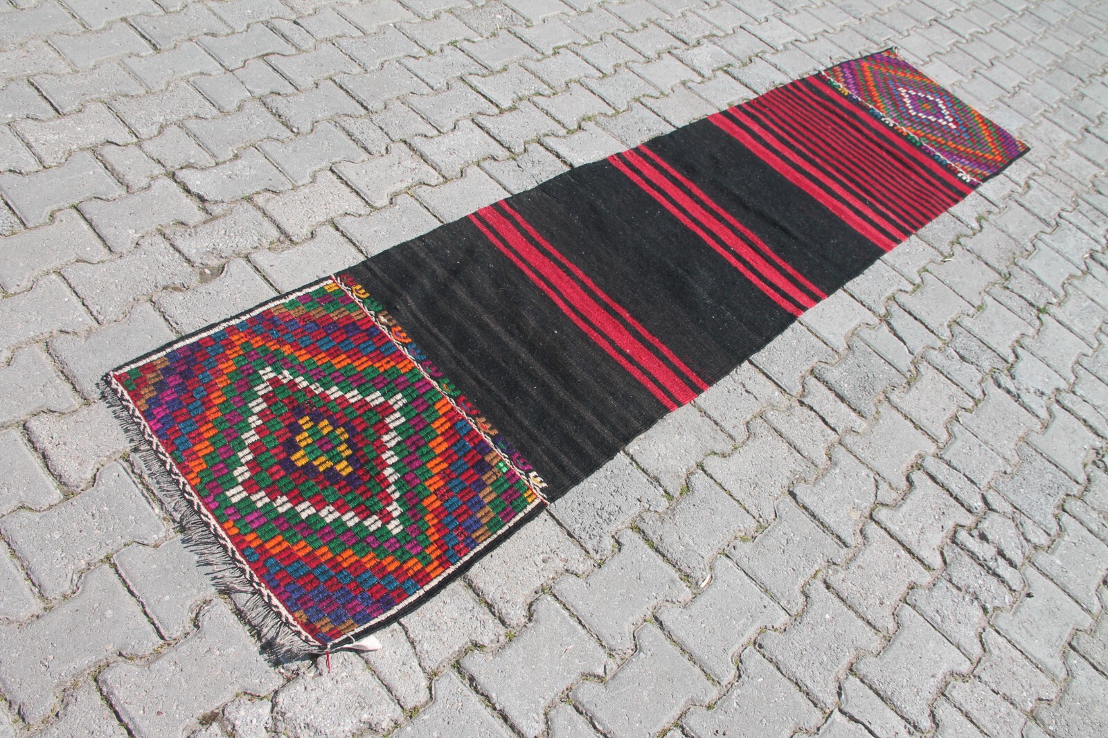 2x9 ft Turkish Kilim Runner - Handmade Black & Red Multicolor Wool gallery