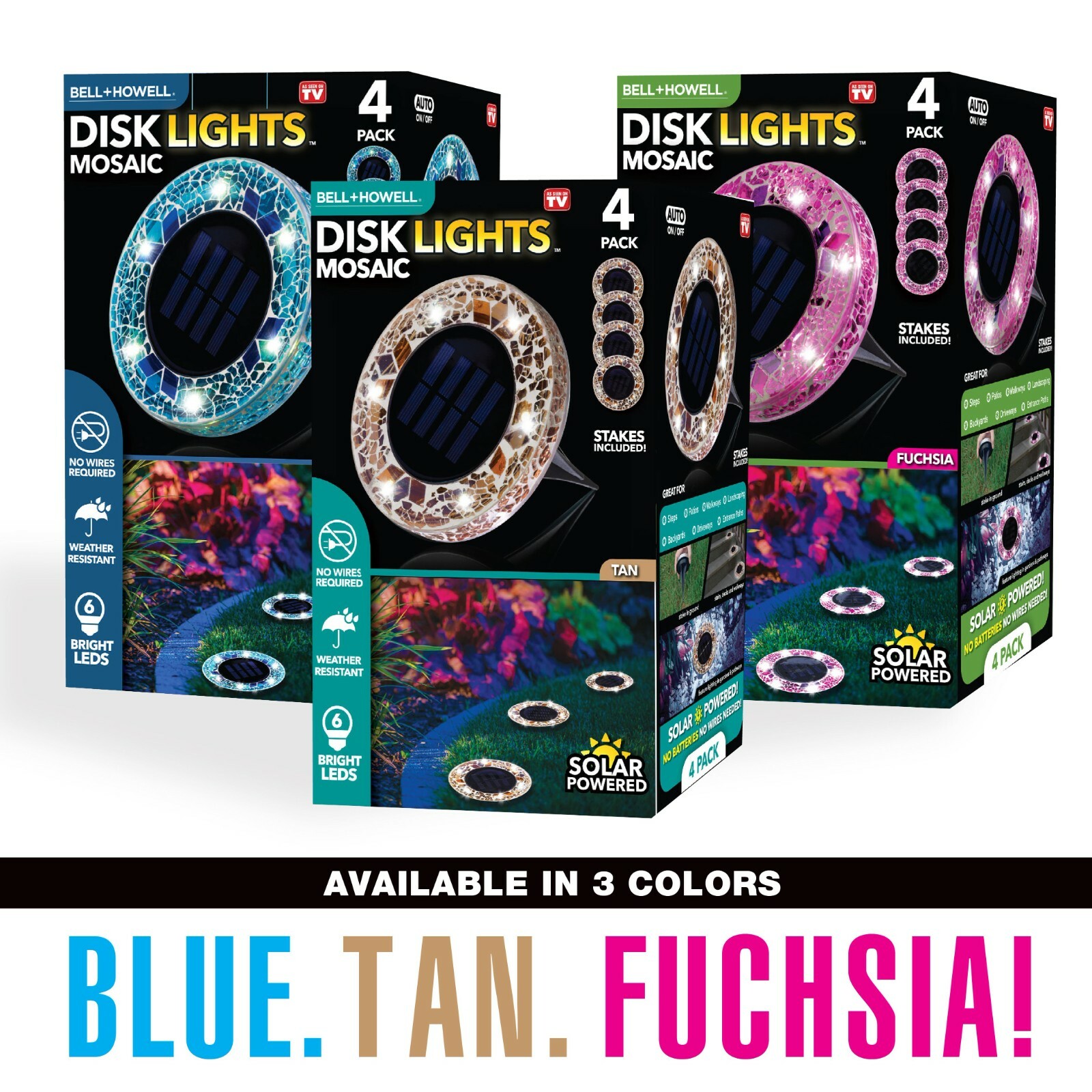 Bell+Howell Solar Powered Outdoor Mosaic Disk Lights 4 Pack - 3 Colors Available gallery