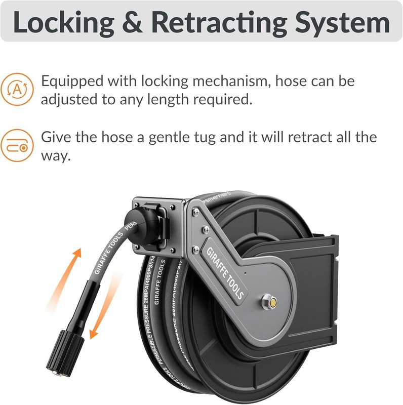 Giraffe Tools Retractable Power Pressure Washer Hose Reel 1/4" x 60 ft, 4000PSI gallery