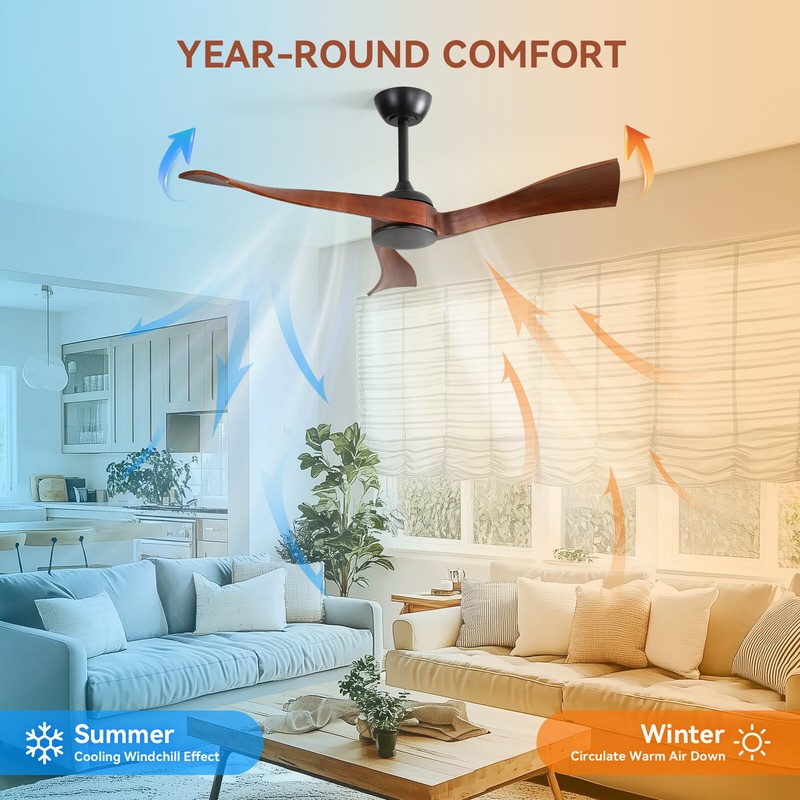 52in without Light Black Ceiling Fan in/outdoor 3 Solid Wood Curved Blades Quiet gallery