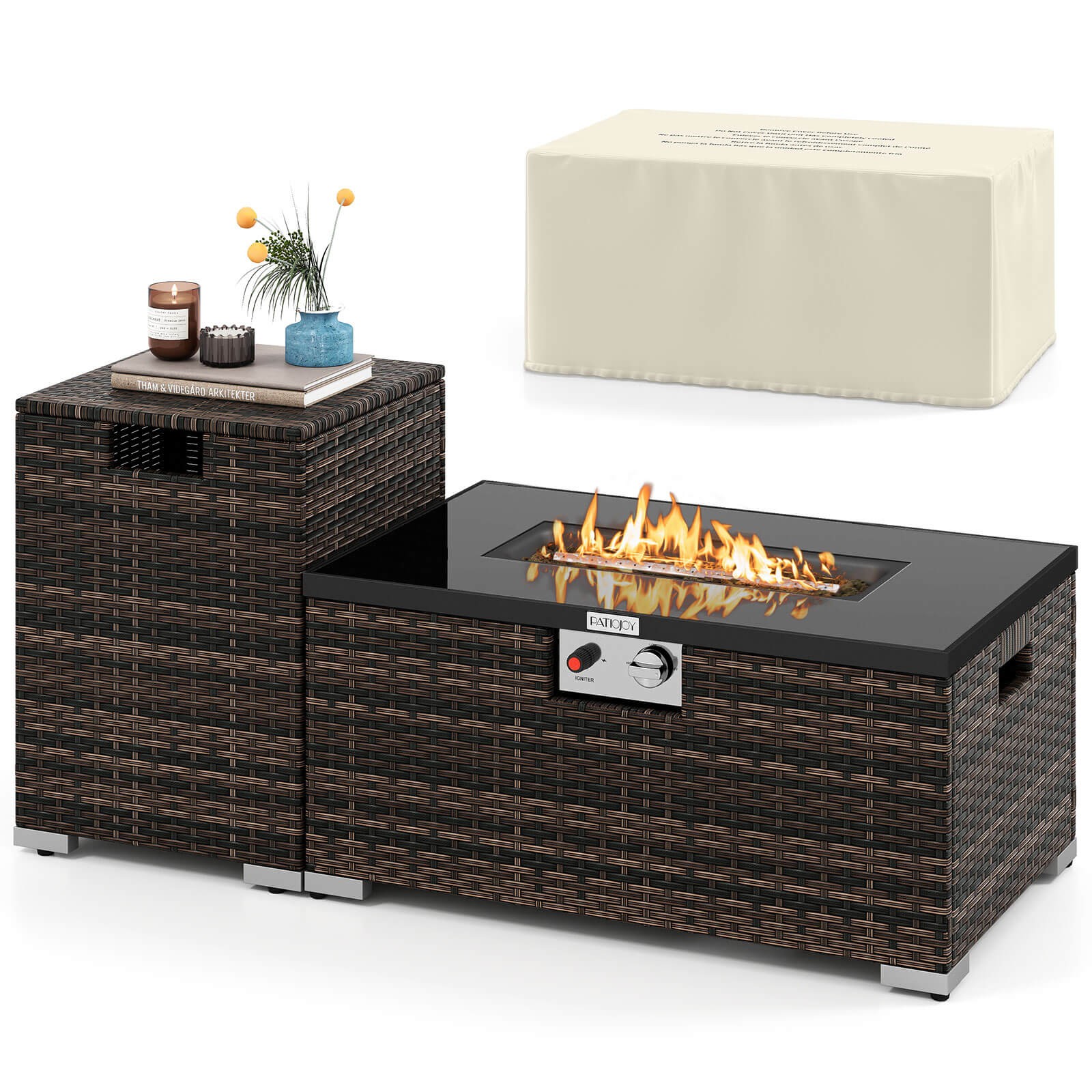 2 PCS Outdoor Rattan Fire Table Set w/ Tank Cover Tempered Glass Tabletop gallery