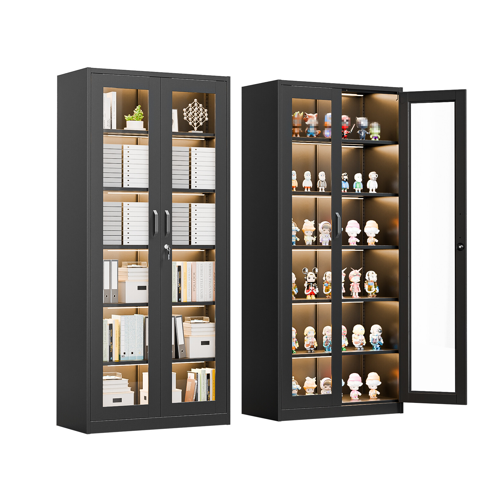 71" Tall Lockable Display Cabinet with Glass Doors & 5 Adjustable Shelves Black gallery