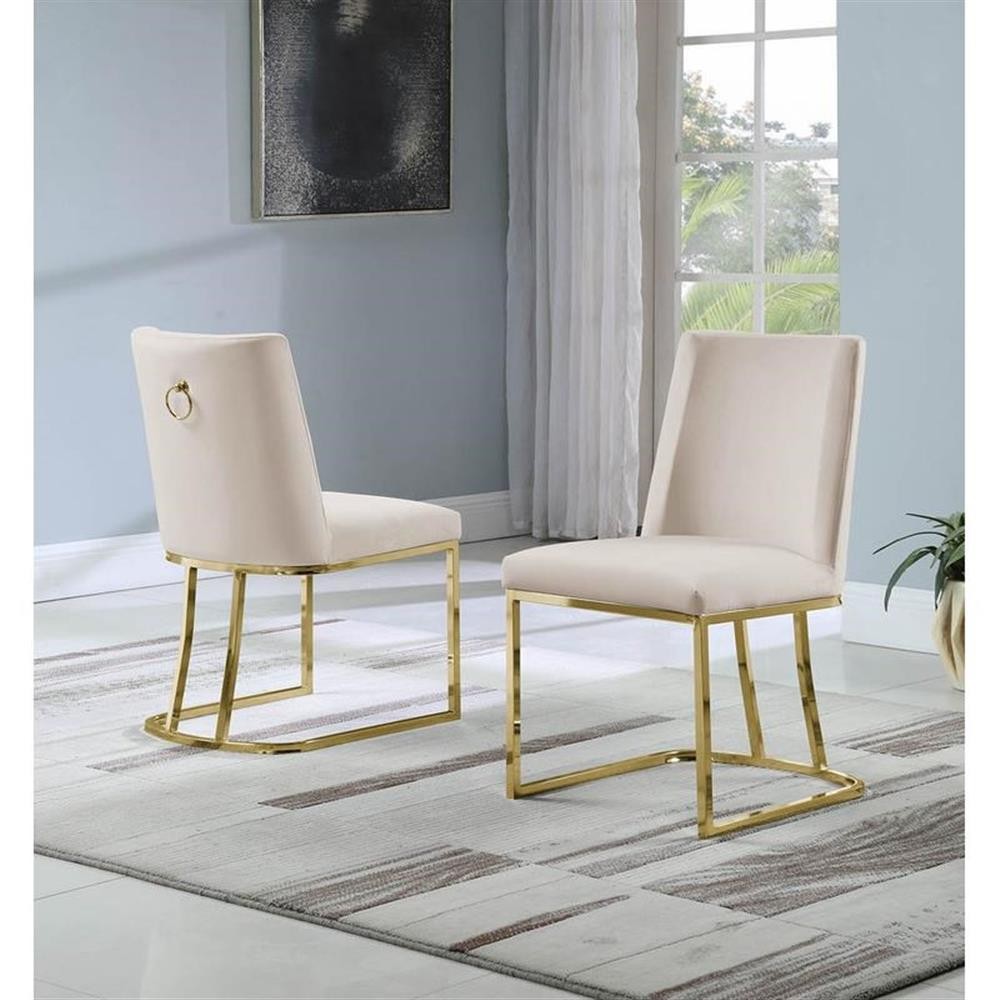 Double Minimalistic Cream Velvet Side Chairs with Gold Chrome Legs gallery
