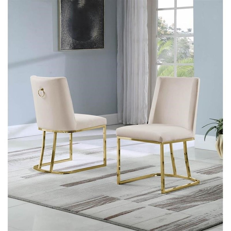 Double Minimalistic Cream Velvet Side Chairs with Gold Chrome Legs gallery