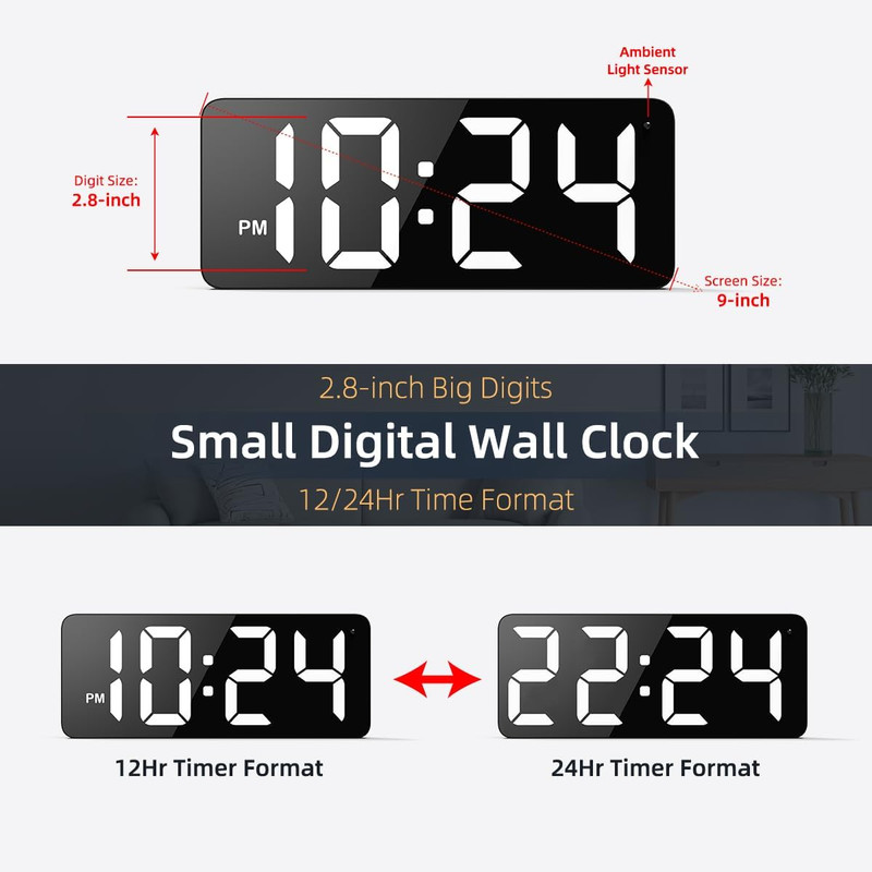 LED Digital Wall Clock with Large Display, Big Digits, Auto-Dimming, 12/24Hr For gallery