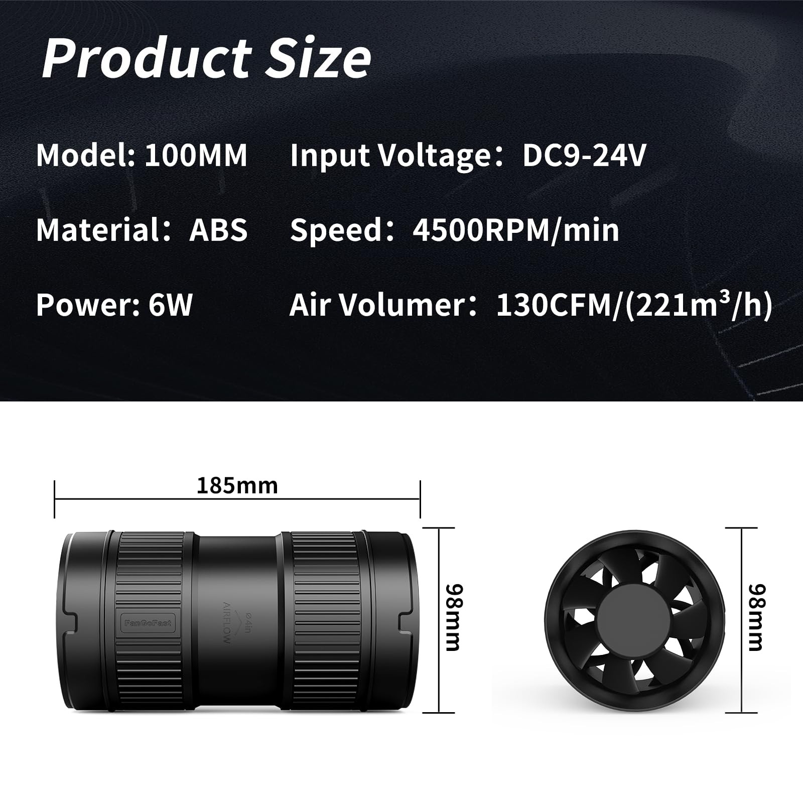 4 Inch Inline Duct Fan 130CFM Airflow Stepless Speed Control Low Noise gallery