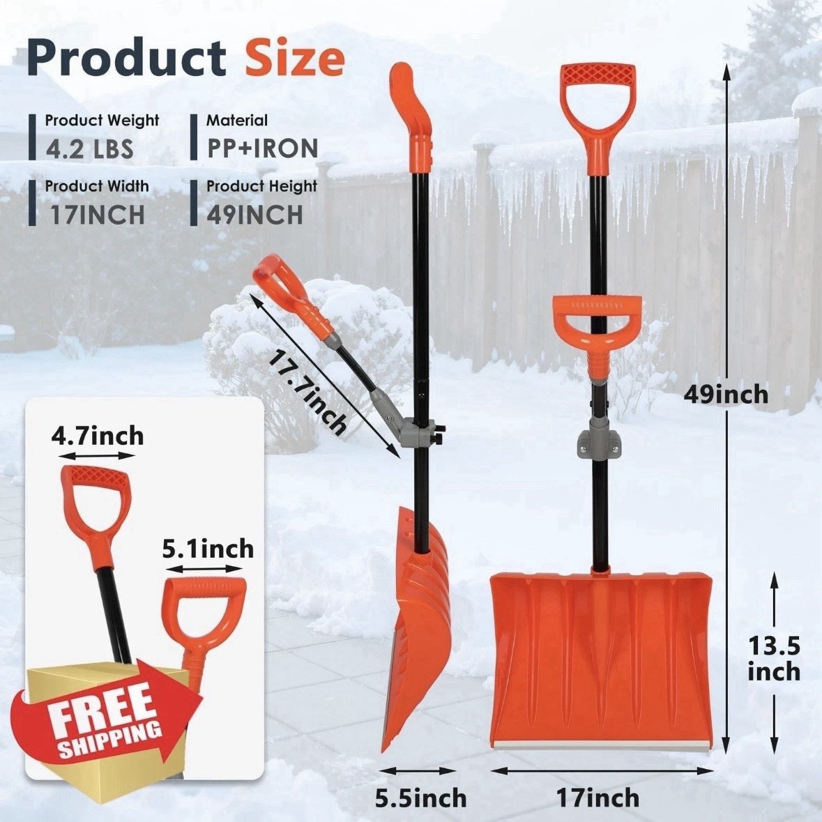 ORIENTOOLS 17'' Snow Shovel for Car Driveway with D-Grip Handle and Durable Edge gallery