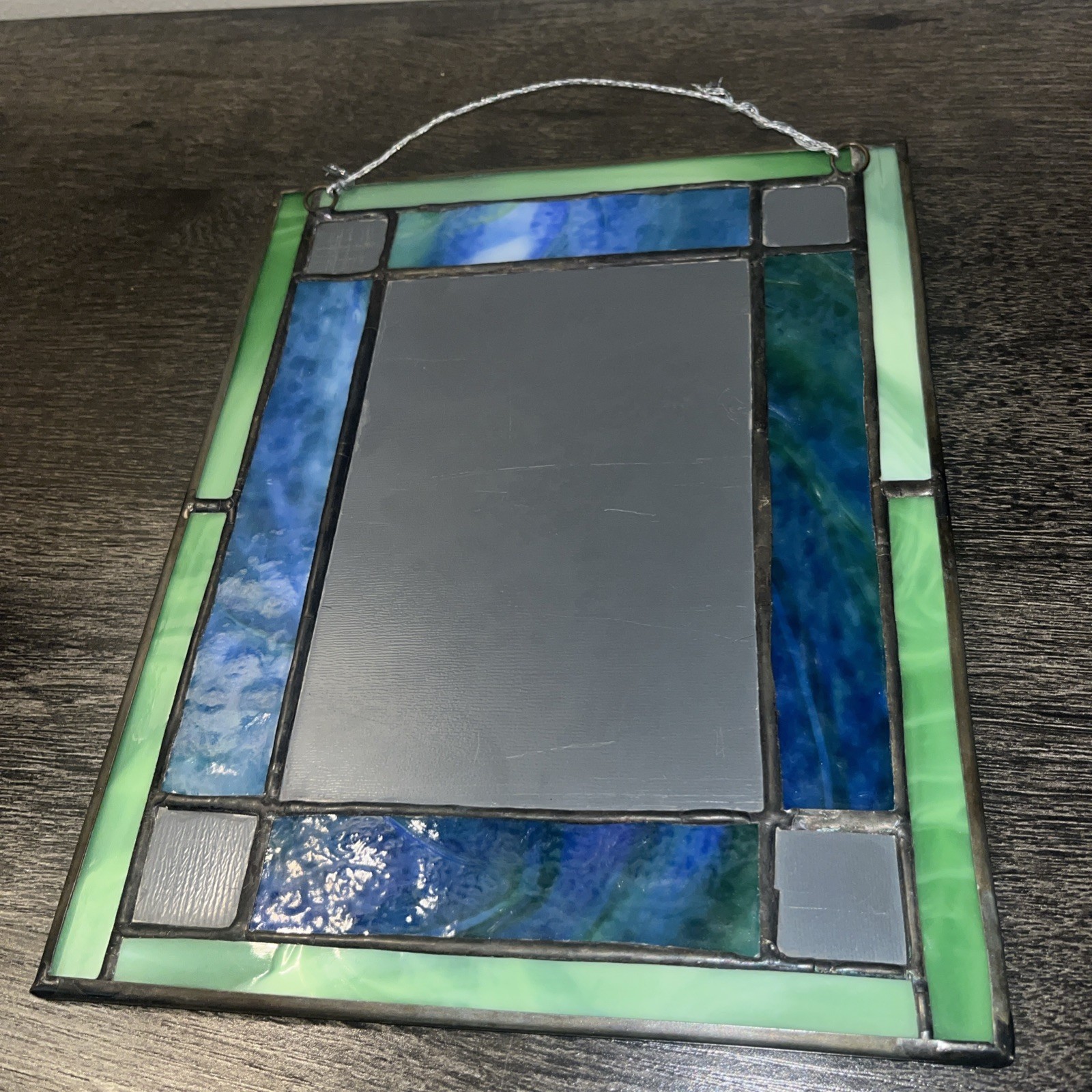 Vtg Stained Glass Mirror Rectangular Wall Hanging Handmade Decor 7x9 Blue/Green gallery