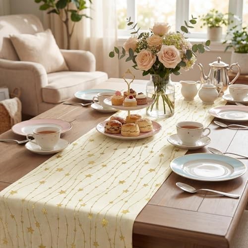 Gold Stars Burlap Table Runner 12x108 Inch, Glitter Metallic 12" x 108" Beige gallery