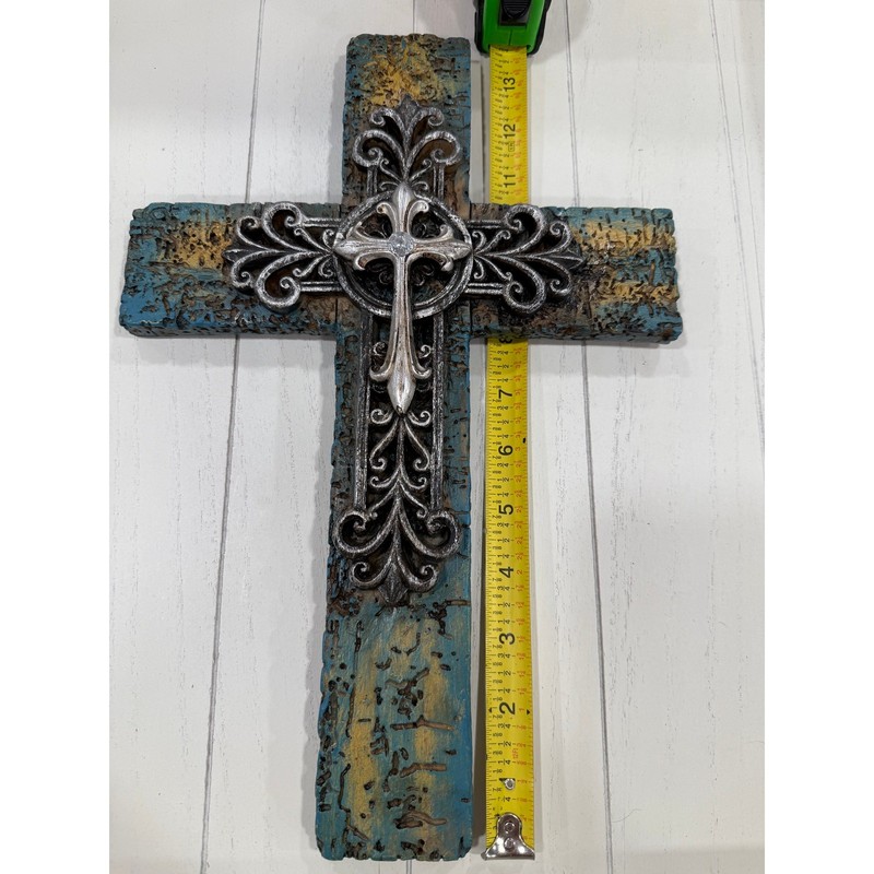 Rustic Turquoise Wall Cross Christian Faith Metal Overlay Southwest Decor 15 in gallery