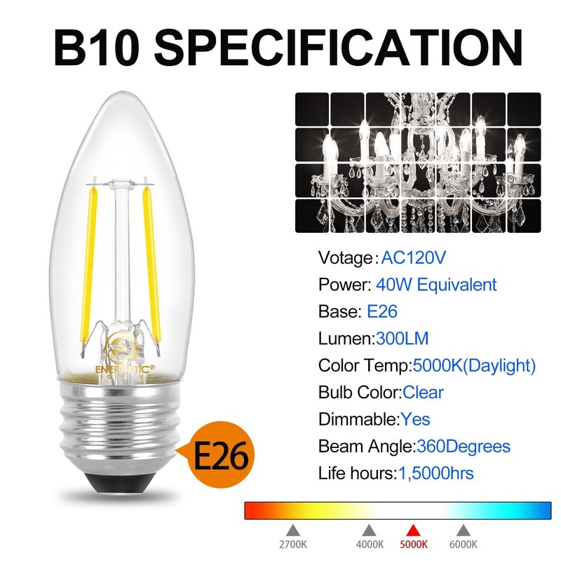 Energetic B10 B11 LED Filament Bulb E26 Candelabra Medium Base 5000K Daylight... gallery