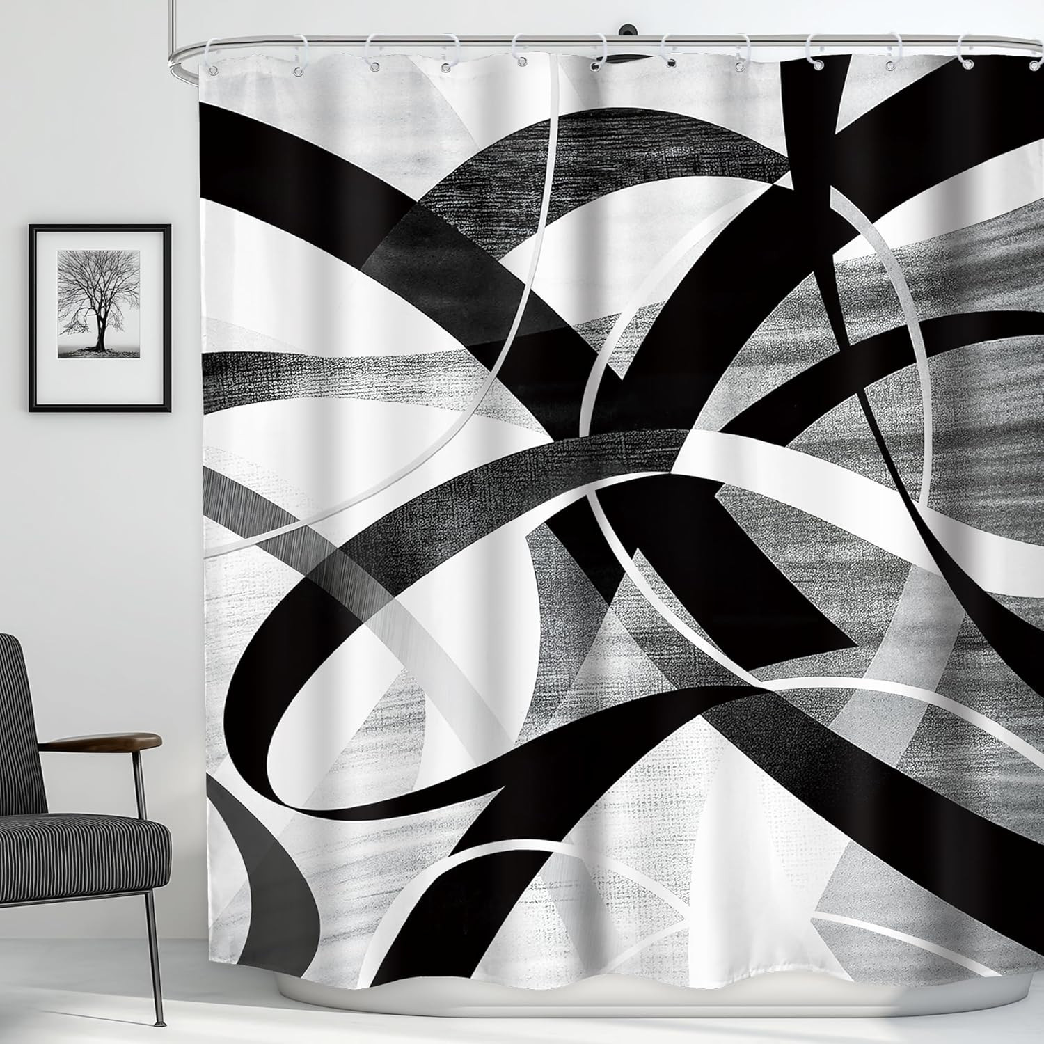 Black and Gray Abstract Line Shower Curtain Bathroom Set 71Wx71H Inches Graffiti gallery