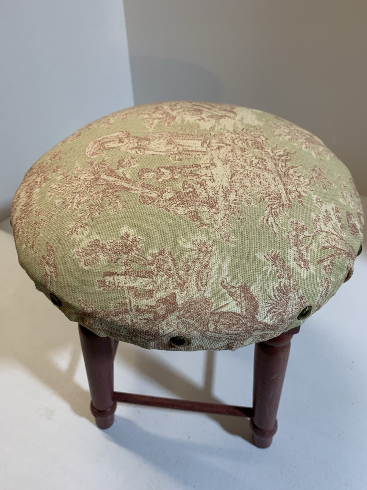 Cricket Stool with French Toile Upholstery Brass Head Tacks gallery
