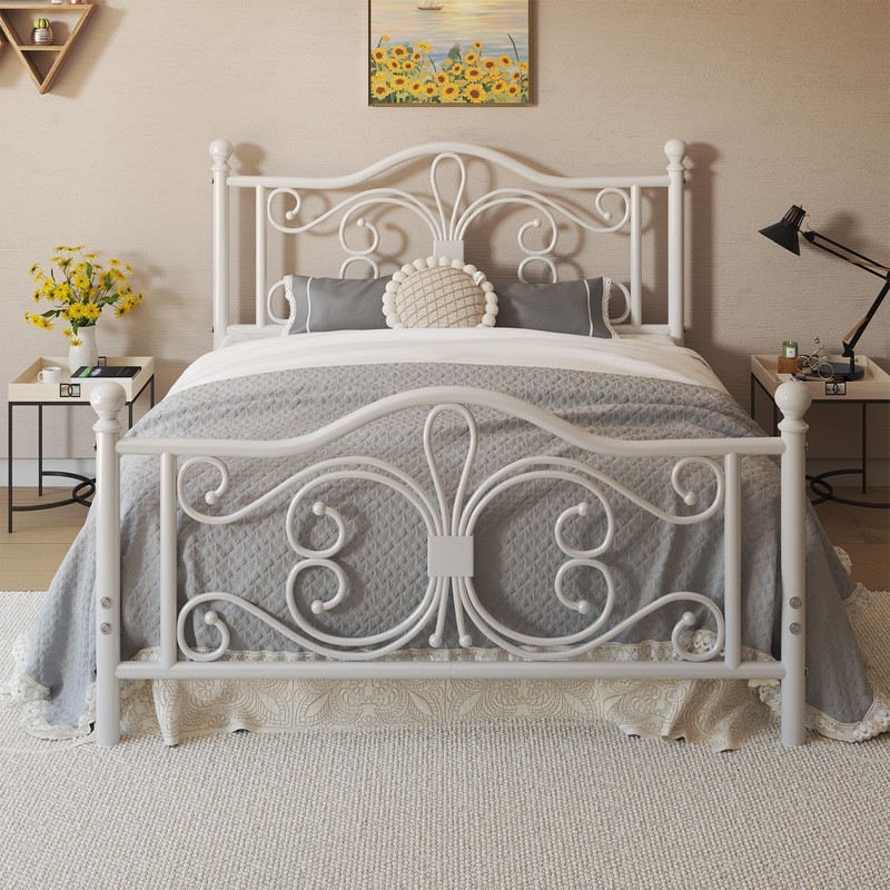 Queen Size Bed Frame with Butterfly Pattern Design Strong Metal Slats Support gallery