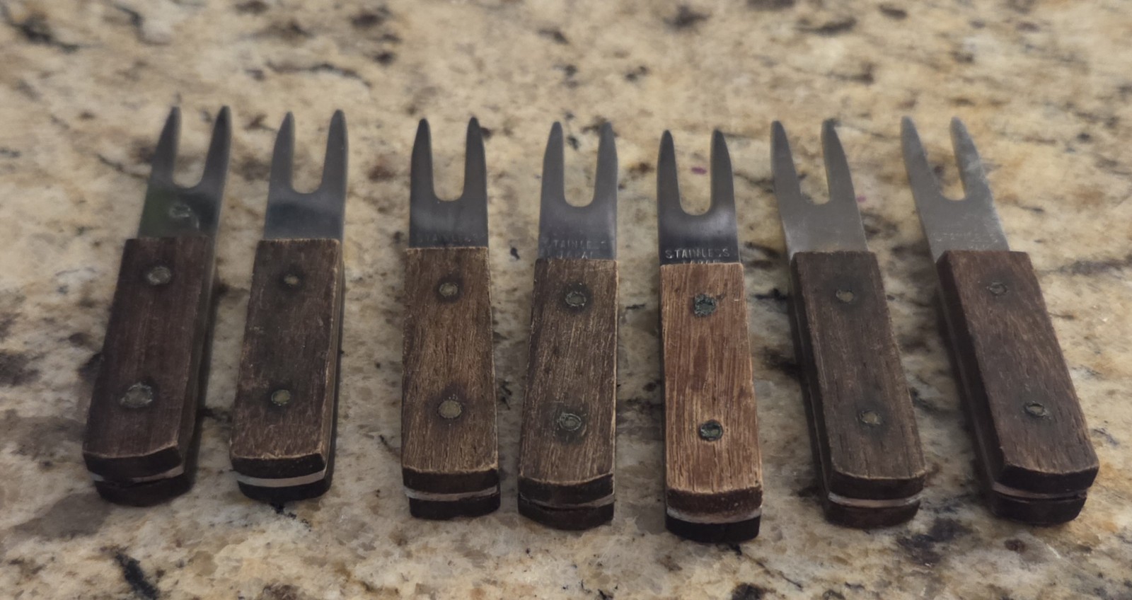 Corn On The Cob Holders Appetizer Forks Set Of 7 Vintage Wooden Handle 3 Inches gallery