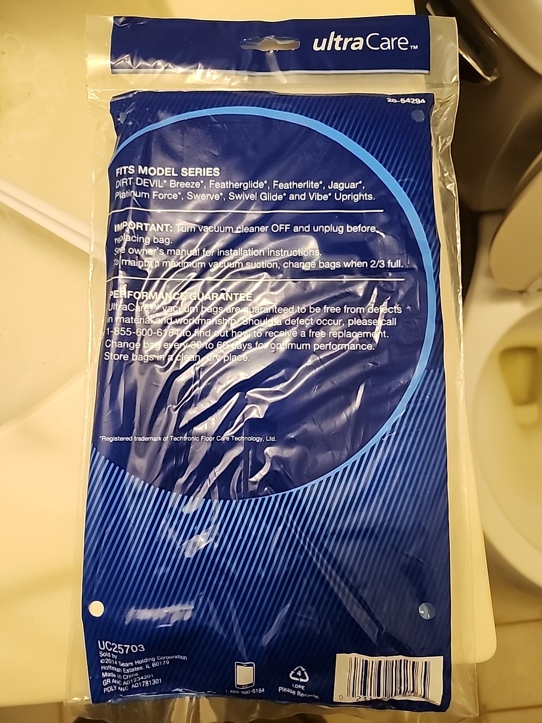 UltraCare Vacuum Bags for Dirt Devil type U Upright - 3 pk Allergen Filtration gallery